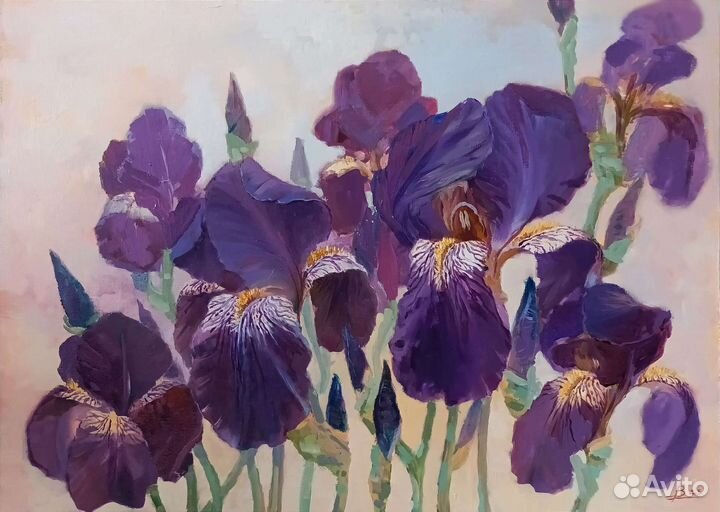 Картина с цветами маслом. Ирисы фиолетовые