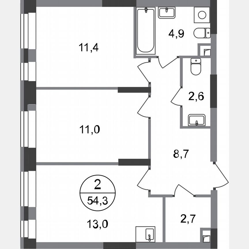 2-к. квартира, 54,3 м², 1/20 эт.