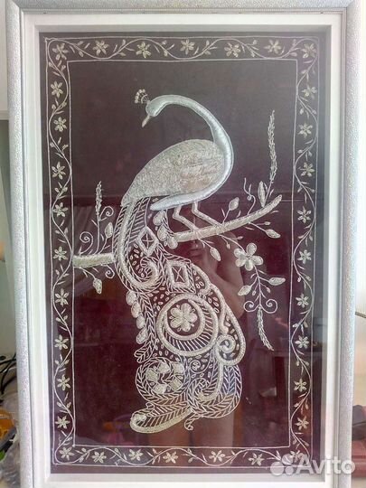 Панно картина Павлин в рамке перламутр Индия