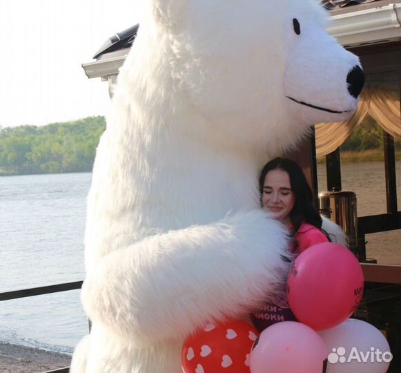 Белый мишка, цветы, поздравление, аниматор