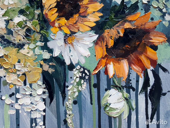 Картина маслом цветы Ромашки и Подсолнухи яркая
