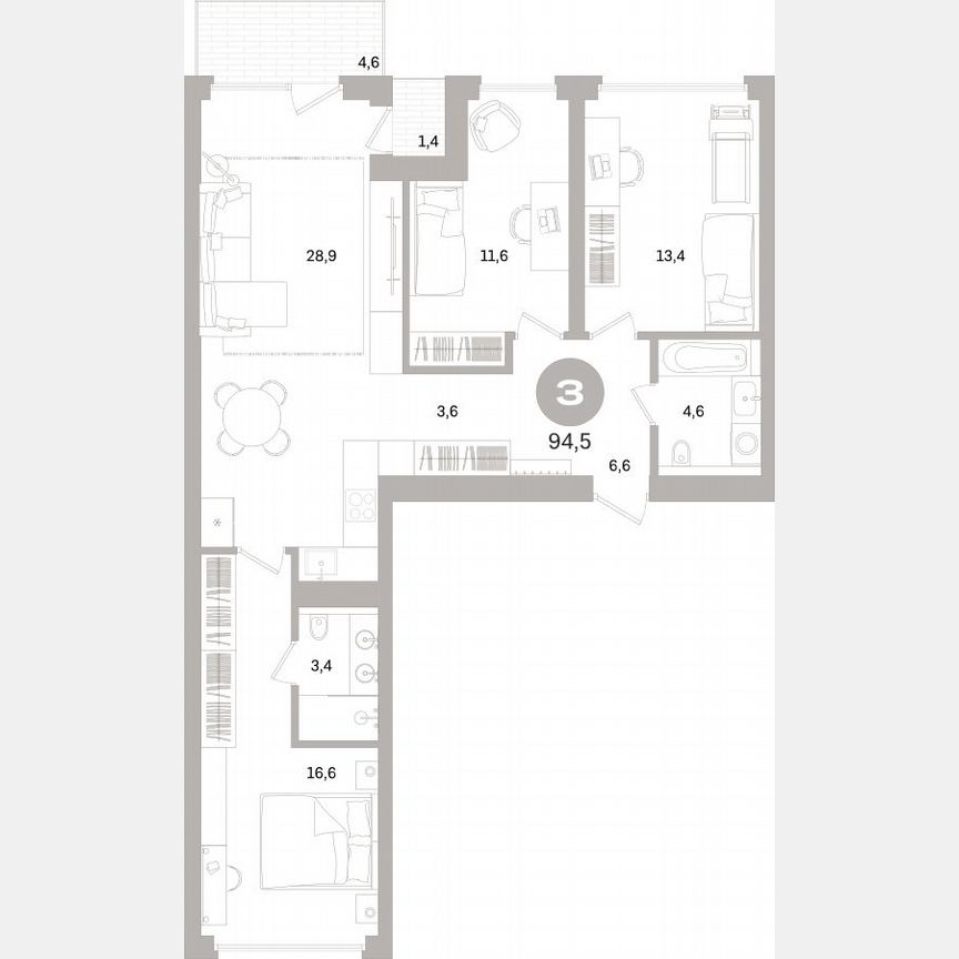 3-к. квартира, 94 м², 3/16 эт.