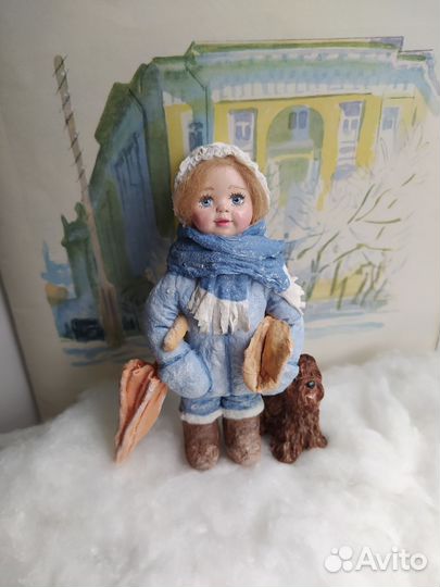 Ватная елочная игрушка девочка с собачкой и зонтом