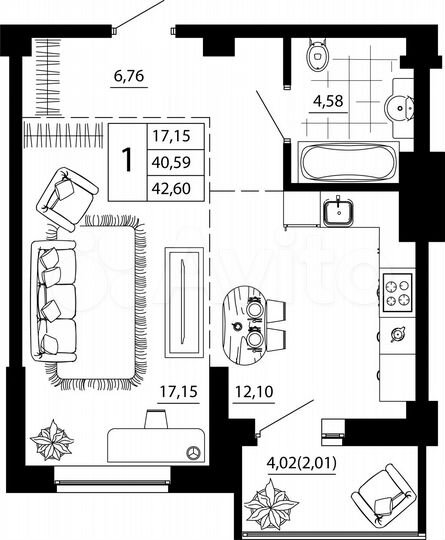1-к. квартира, 42,6 м², 4/24 эт.
