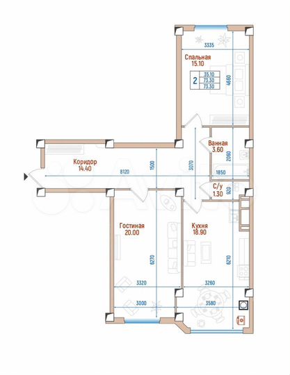 2-к. квартира, 73,3 м², 4/8 эт.