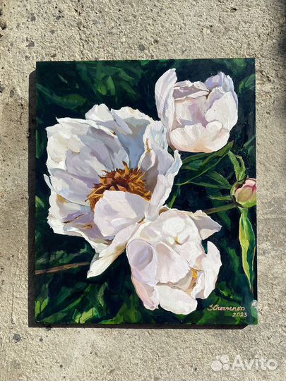 Картина маслом на холсте белые пионы в саду