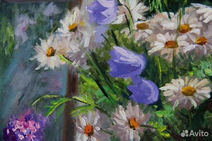 Картина маслом цветы. Букет Ромашек Радостный день