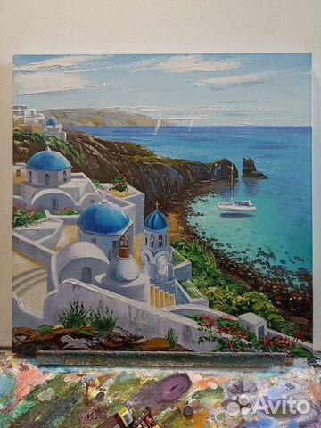 Картина авторская масло холст Санторини море отдых