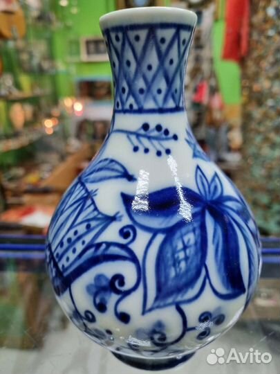 Ваза 16,7 см, Синий Узор, лфз СССР, Городец