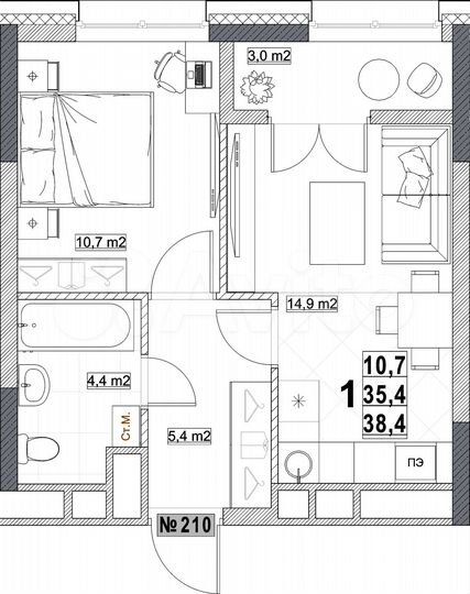 1-к. квартира, 38,4 м², 9/25 эт.