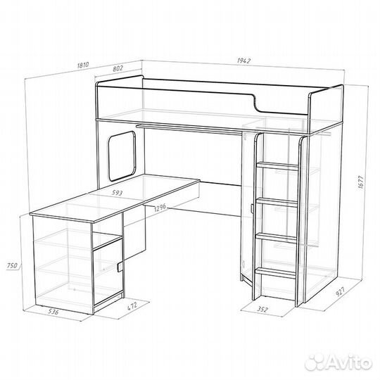 Угловая кровать чердак + письменный стол + шкаф
