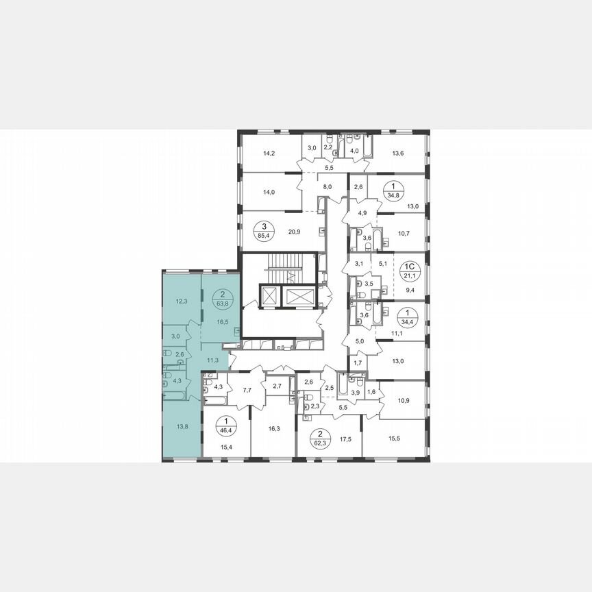 2-к. квартира, 63,8 м², 16/19 эт.