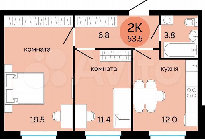 2-к. квартира, 53,5 м², 1/14 эт.
