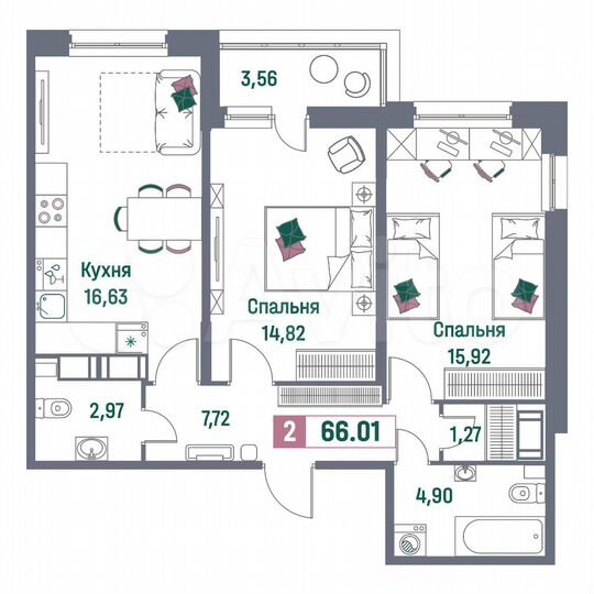 2-к. квартира, 66 м², 4/16 эт.
