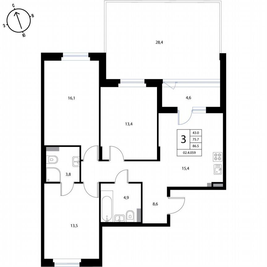 3-к. квартира, 86,5 м², 1/3 эт.