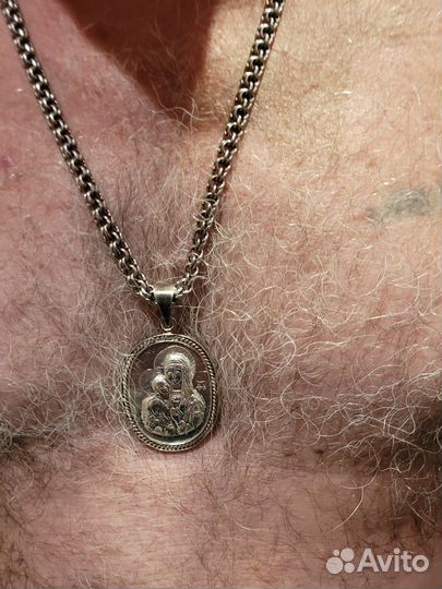 Мужская серебряная цепь бисмарк с Богородицей