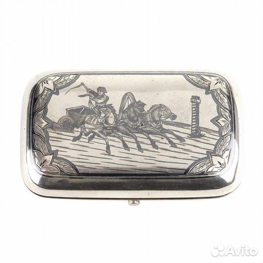 Серебряный портсигар 84 пробы - Тройка лошадей