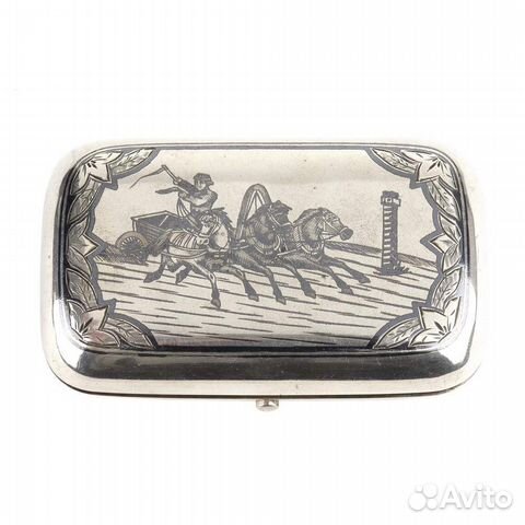 Серебряный портсигар 84 пробы - Тройка лошадей