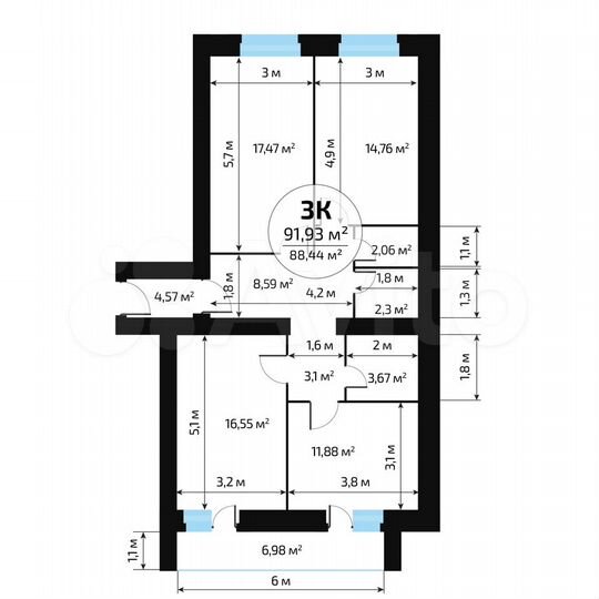 3-к. квартира, 88,4 м², 9/16 эт.