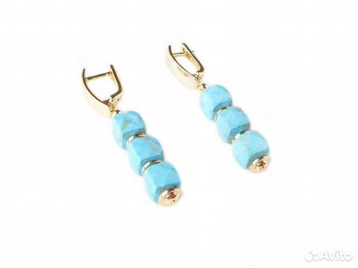 Серьги бирюза в золоте, серьги натуральная бирюза