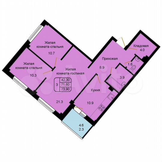 3-к. квартира, 73,9 м², 3/9 эт.