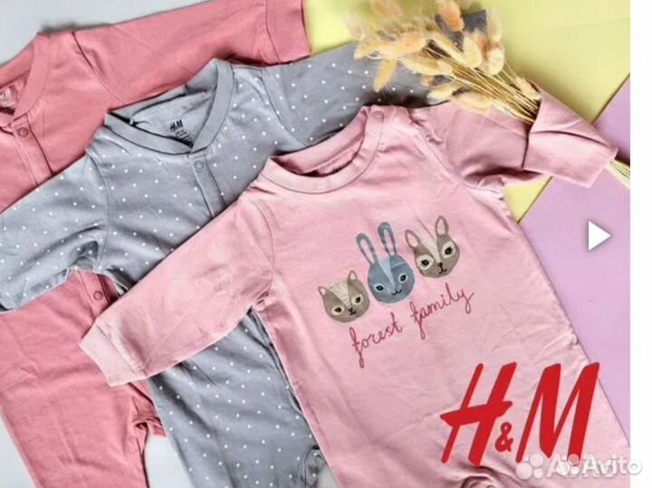 Новая пижама девочке H&M 3 шт, рост 92,98 см