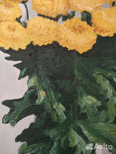 Картина маслом. Холст на картоне. Букет хризантем