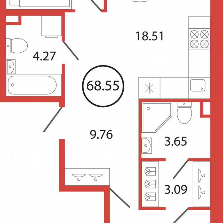 2-к. квартира, 68,6 м², 2/12 эт.