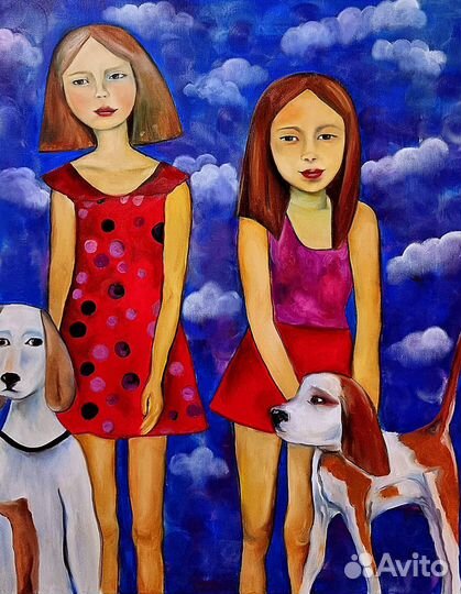 Картина большая девочки дети собака лето