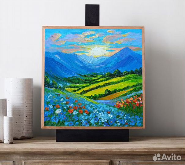 Картина маслом пейзаж, горы, цветы, холст 20х20см
