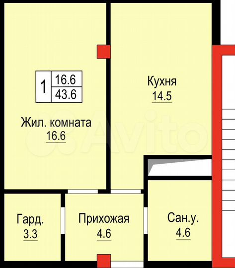 1-к. квартира, 43,6 м², 3/11 эт.