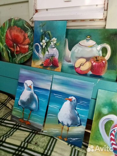 Картина Чайки на пляже двойная, масло, холст