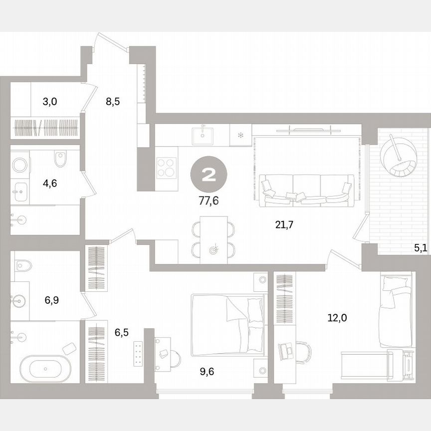 2-к. квартира, 76,4 м², 10/16 эт.