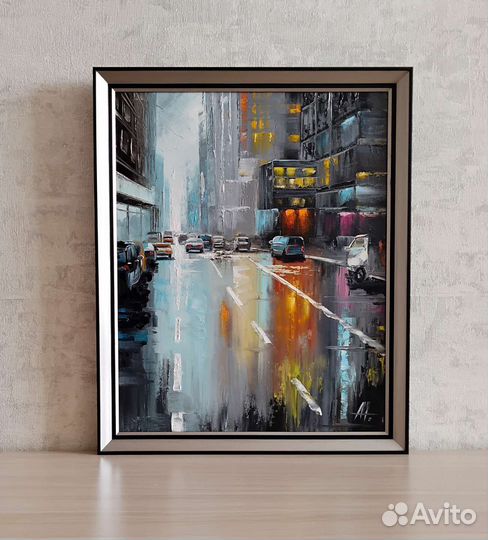 Картина холст масло 55*45 город дождь