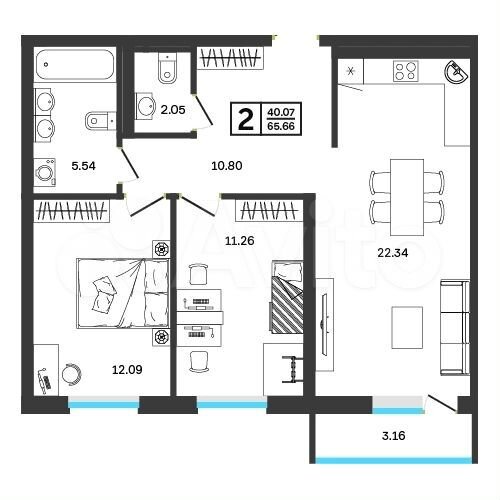 2-к. квартира, 65,7 м², 20/26 эт.