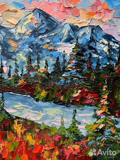 Картина маслом горная река пейзаж горы Домбай