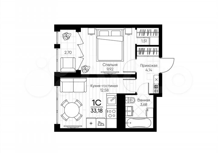 1-к. квартира, 33,2 м², 12/18 эт.