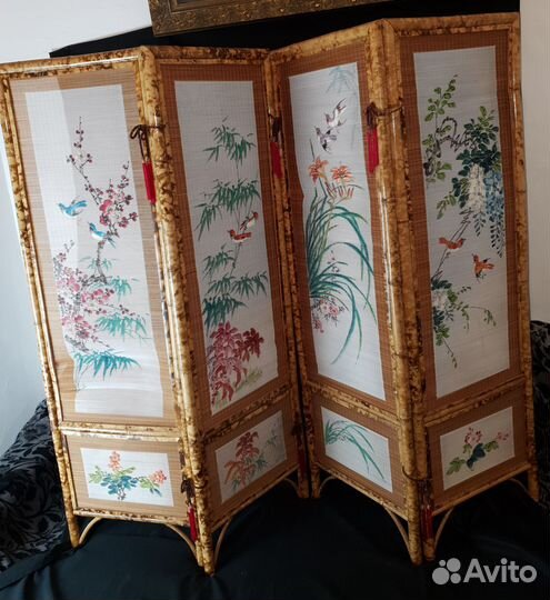 Винтажная ширма. Перегородка. Шинуазри. Бамбук