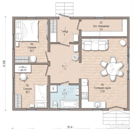 Дом 80 м2 с крыльцом. 10 х 8 м. Большая гостиная