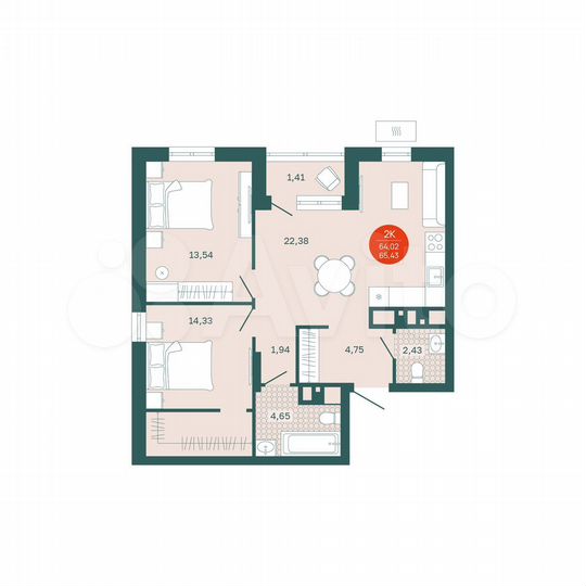 2-к. квартира, 64 м², 10/24 эт.