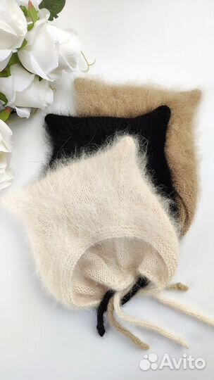 Чепчик с ушками, шапка кошка, пух норки