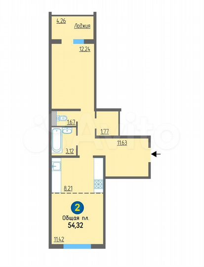 2-к. квартира, 54 м², 1/10 эт.