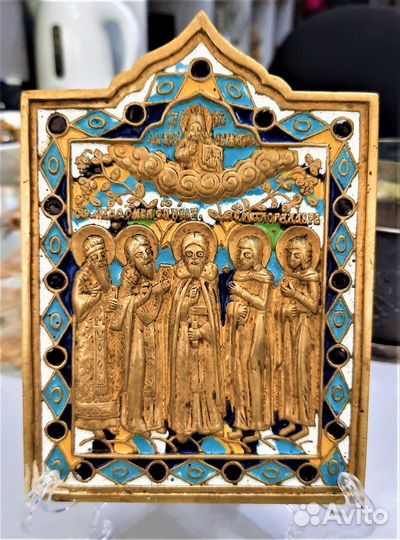 Икона старинная меднолитая Избранные Святые 19 век