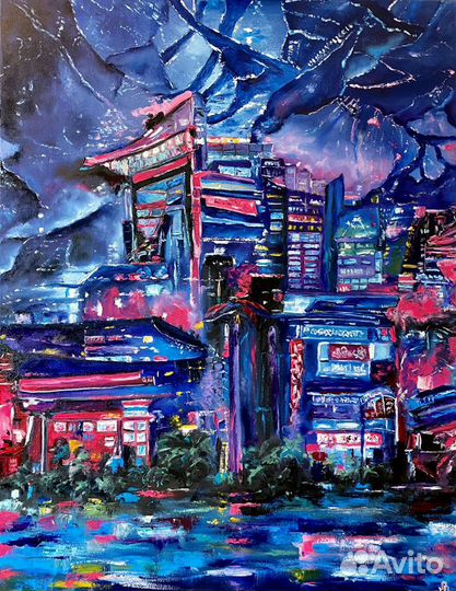 Большая интерьерная Картина маслом Неоновый город