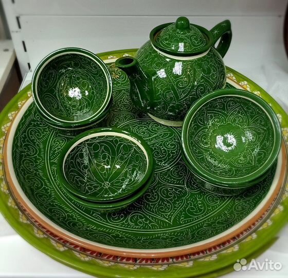 Набор глиняной посуды (зелёный карандаш, Риштан)