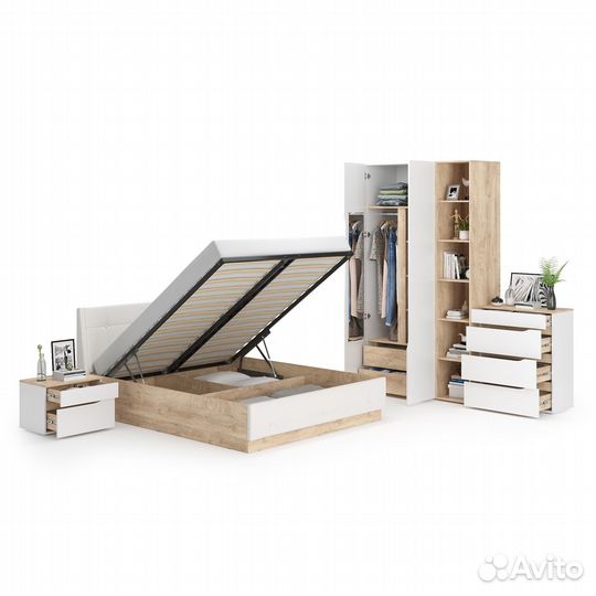 Мебель для спальни Муссон № 4 цвет белый/дуб эндгрейн элегантный/искусственная кожа белая, кровать п