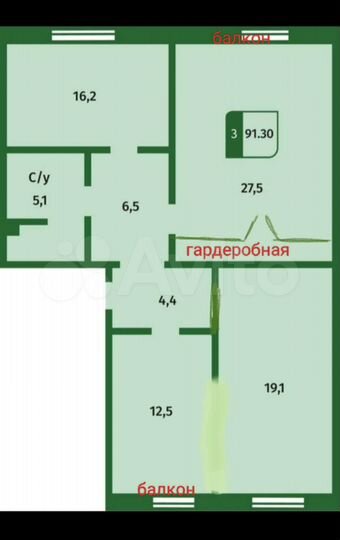 3-к. квартира, 89,4 м², 5/5 эт.