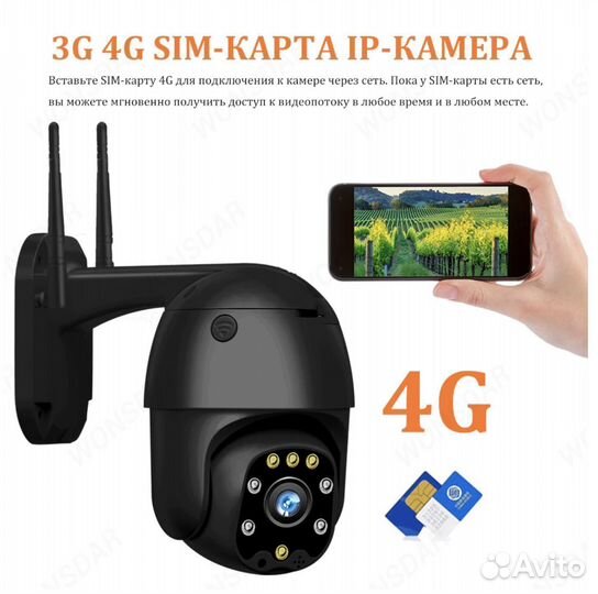 Купольная камера с SIM-картой, 4G, PTZ, 1080P, 5мp