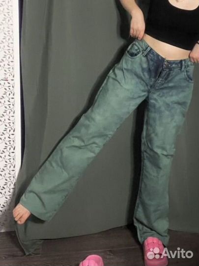 Зеленые винтажные ретро джинсы y2k потёртые