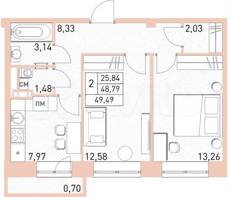 2-к. квартира, 49,5 м², 14/17 эт.